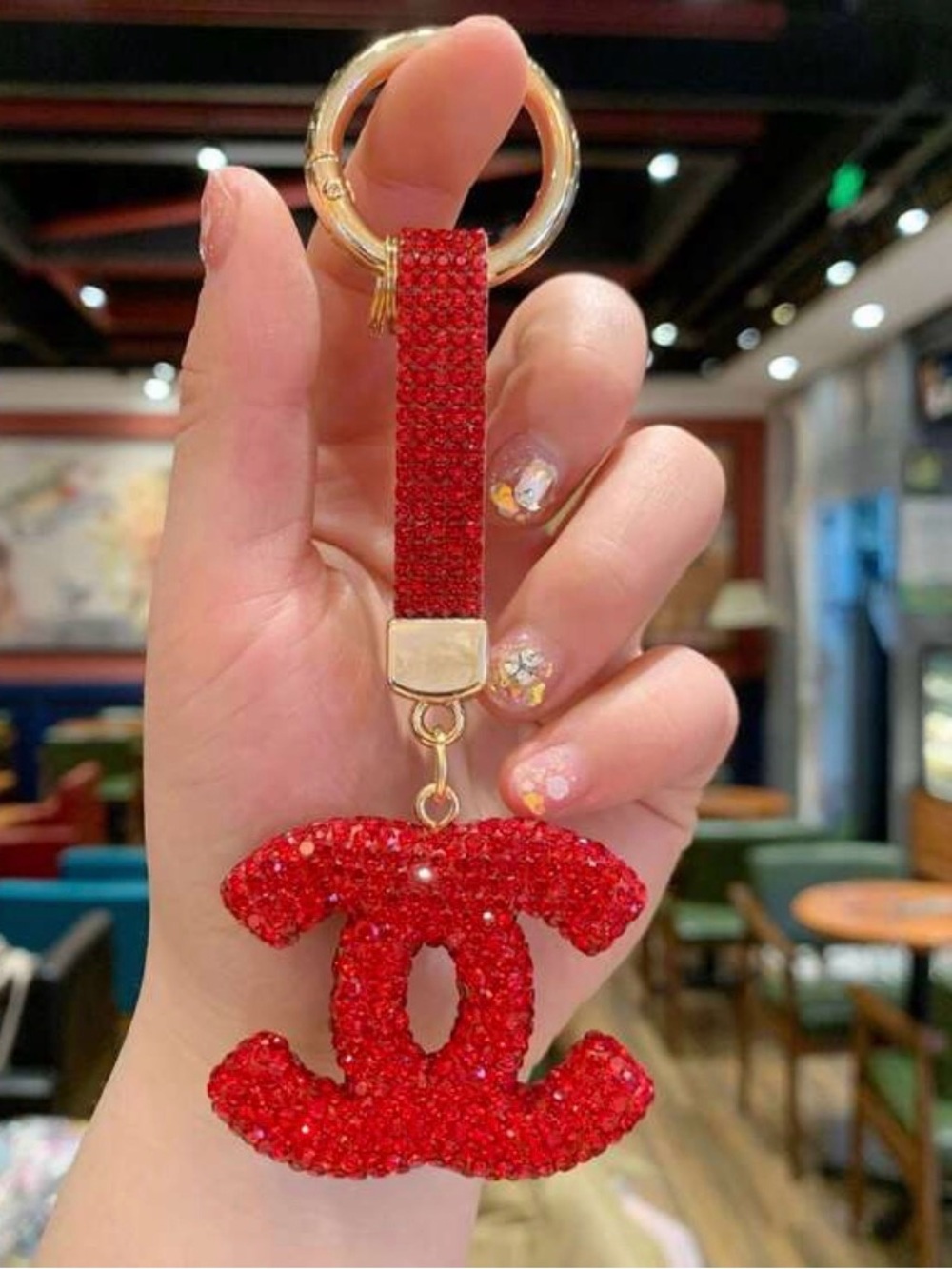 Red Crystal CC Logo Keychain Wristlet - 24K Gold Accent